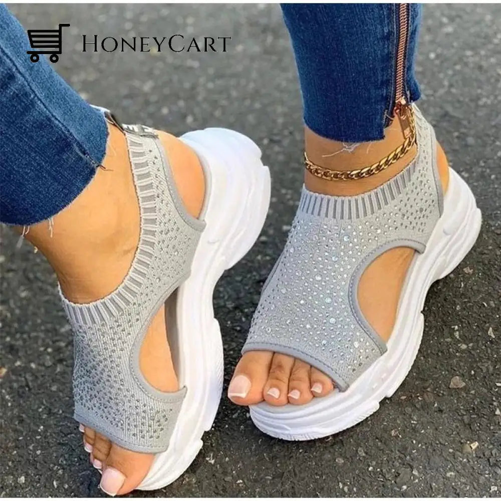 Women Slip On Stretch Fabric Platform Beaded Sandals Wedge Platform Sandals