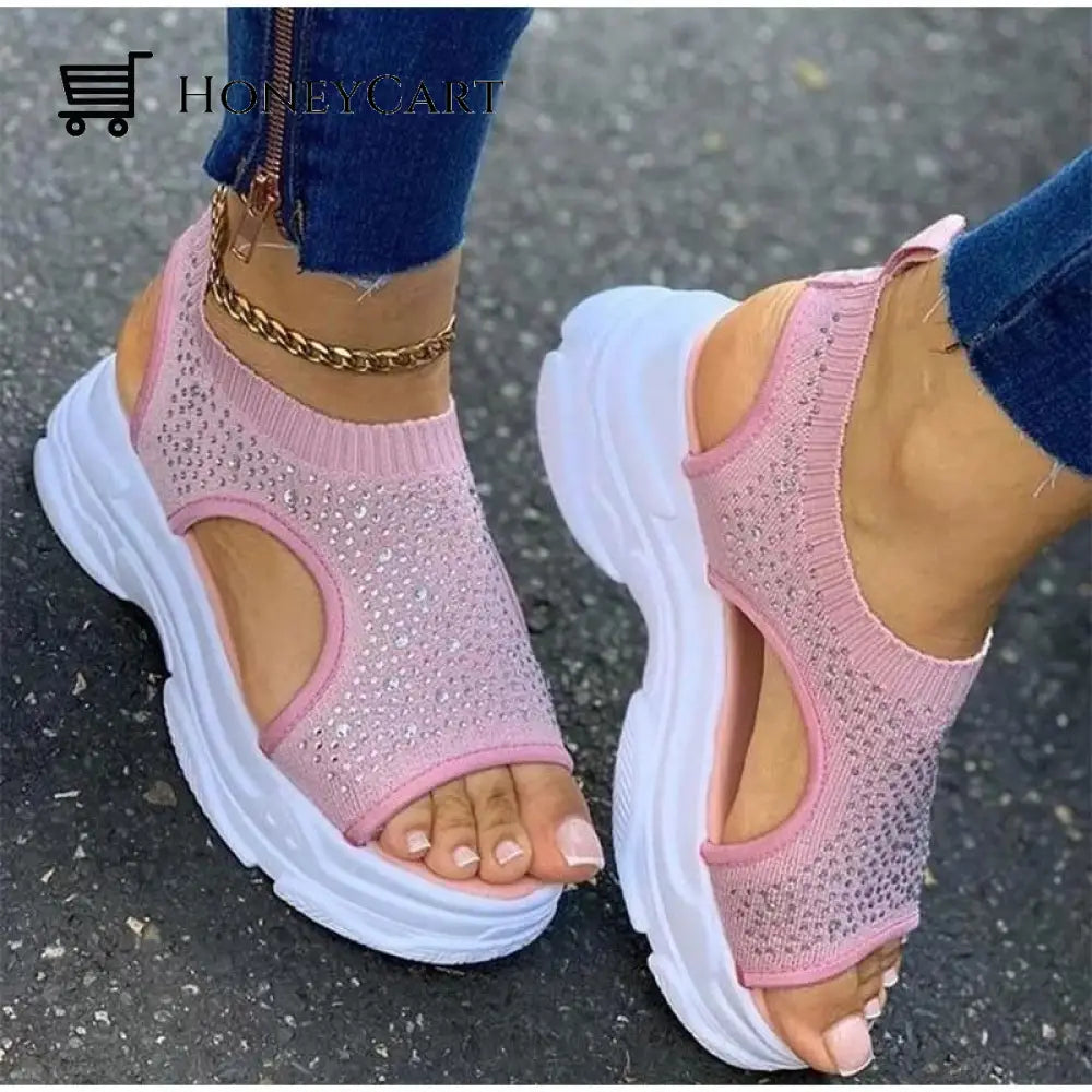 Women Slip On Stretch Fabric Platform Beaded Sandals Wedge Platform Sandals