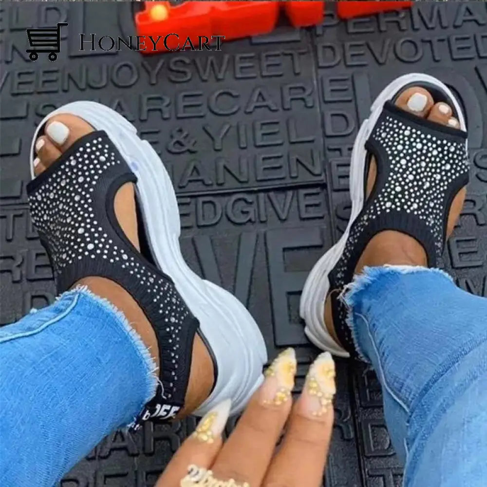 Women Slip On Stretch Fabric Platform Beaded Sandals Wedge Platform Sandals