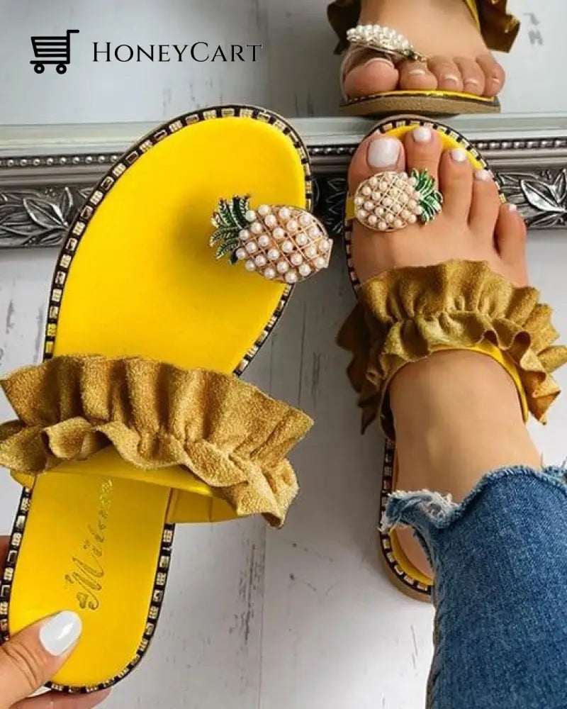 Women Slipper Pineapple Pearl Bohemian Flat Toe Yellow / 5 Sandals