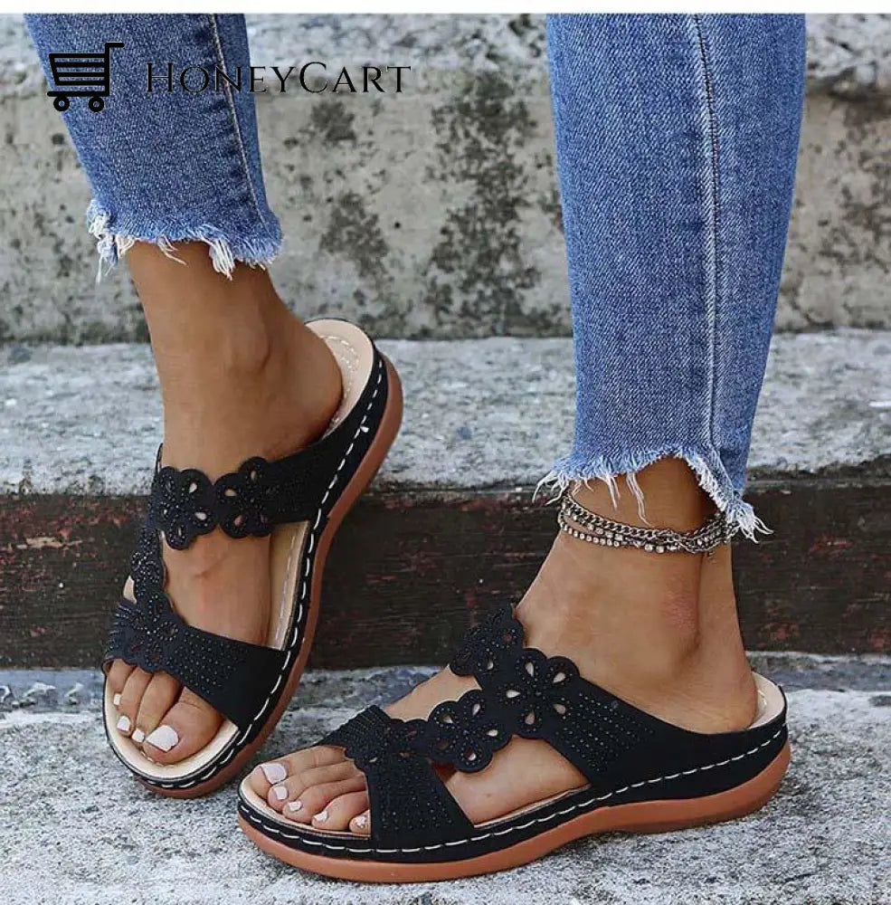 Women Stylish Soft Open Toe Floral Strap Sandals Black / 5.5 Orthopedic Bunion Sandals