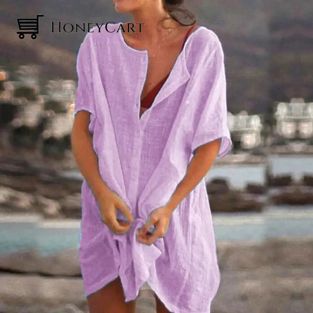 Womens Cotton And Linen Plain Loose Long Shirt Violet / S Tool