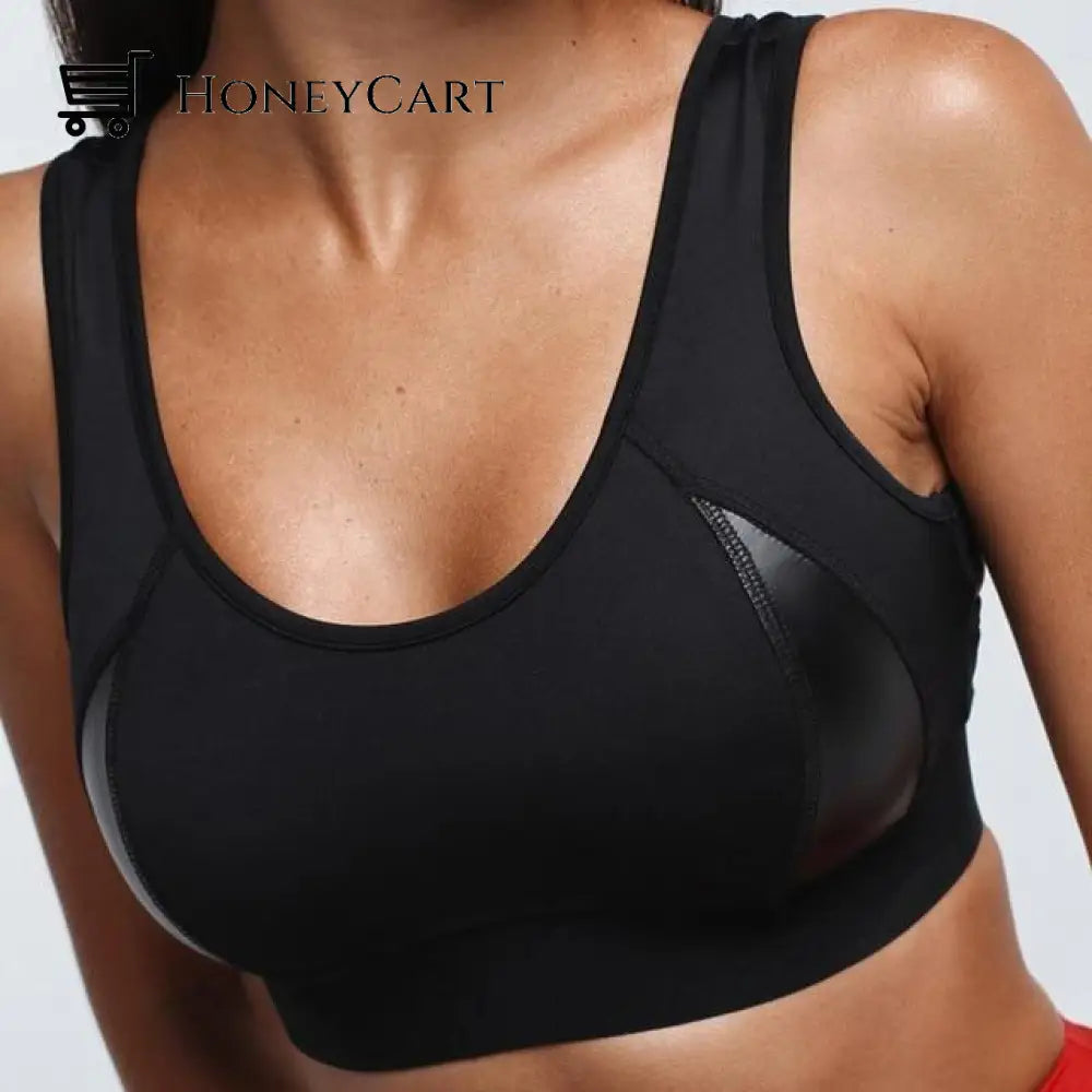 Womens Faux-Leather Fitness Push Up Sports Bra Black / S Sports Bra