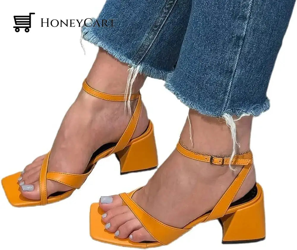 Womens High Block Heel Sandals Open Toe Ankle Strap Buckle 6.5 / Orange Fp-Shoes