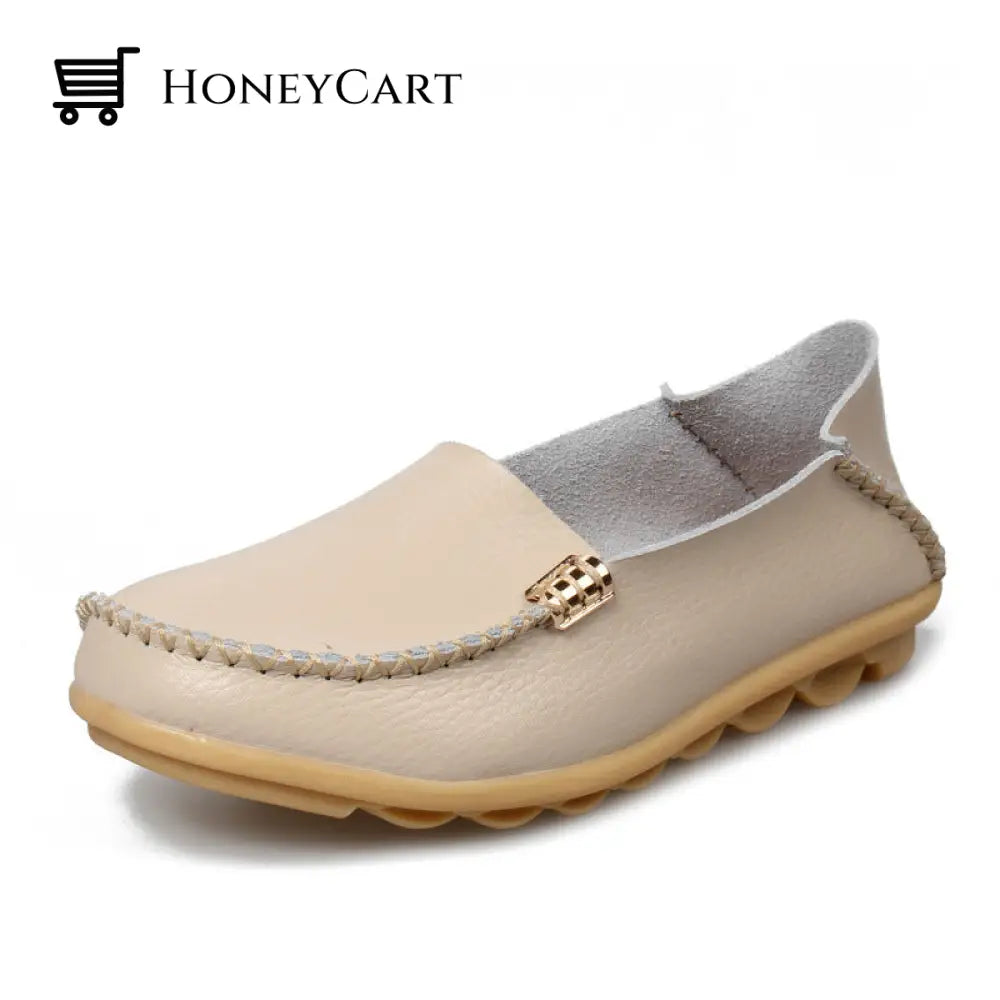 Womens Leather Loafers Flats Soft Walking Shoes Beige / Us 5.5 Ltt-Shoes