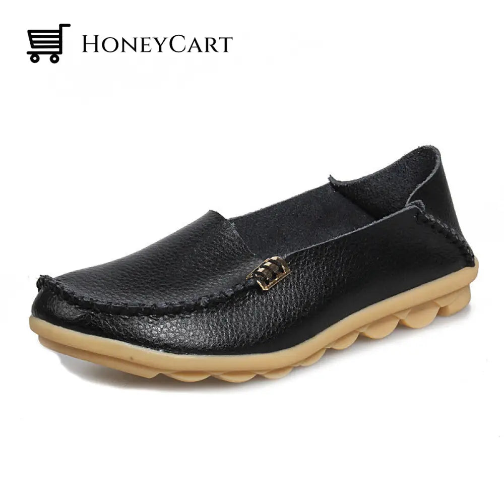 Womens Leather Loafers Flats Soft Walking Shoes Black / Us 5.5 Ltt-Shoes