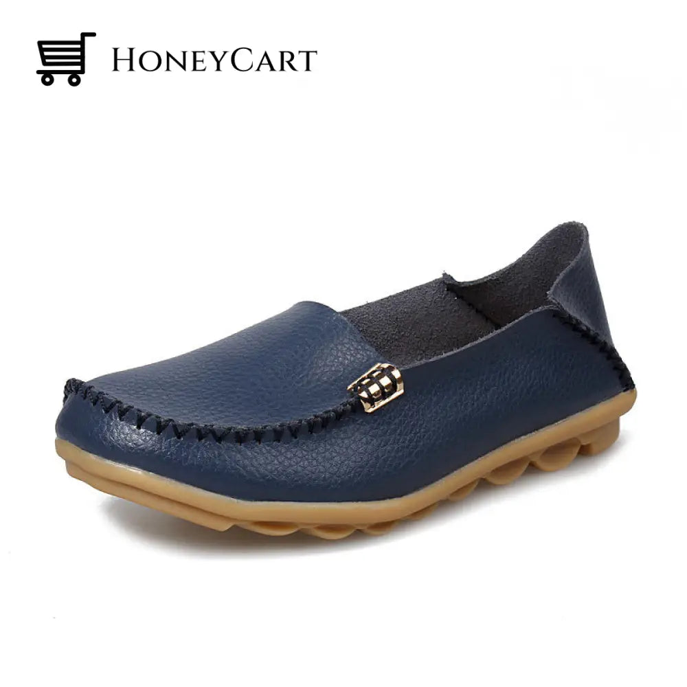 Womens Leather Loafers Flats Soft Walking Shoes Darkblue / Us 5.5 Ltt-Shoes
