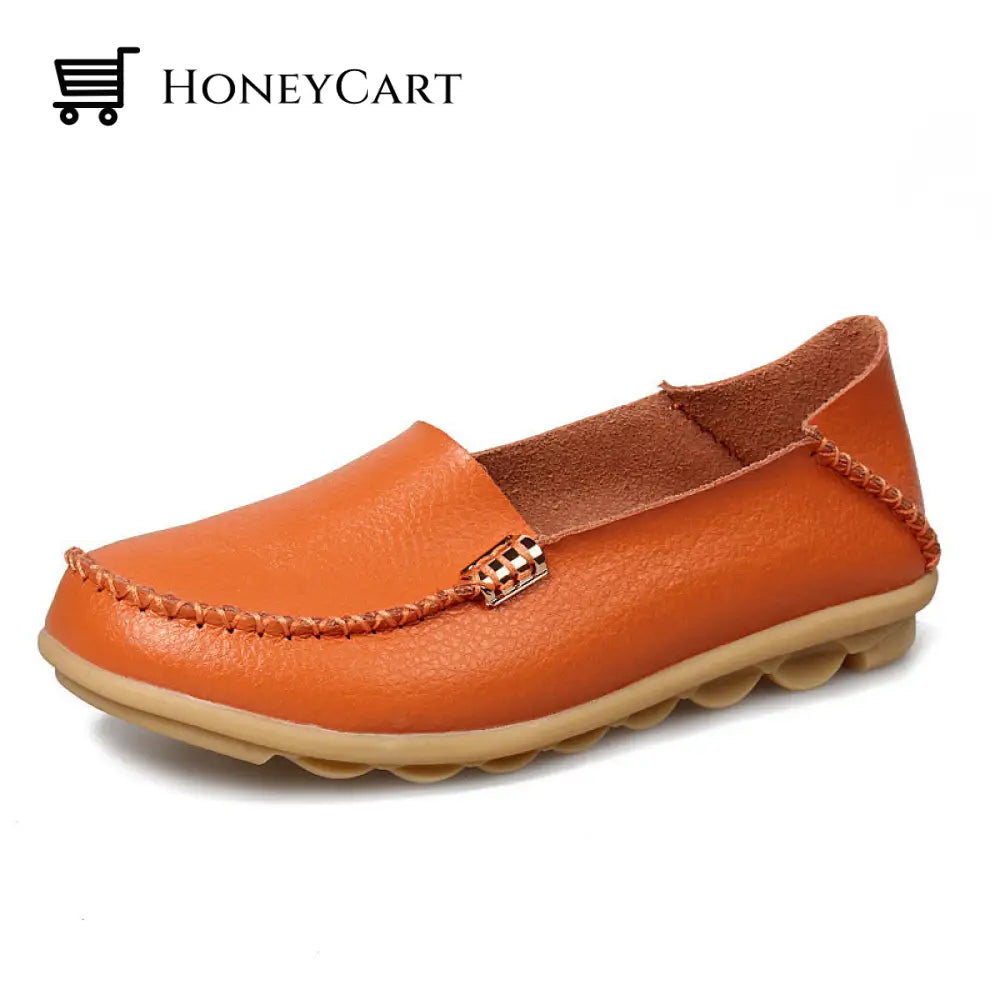 Womens Leather Loafers Flats Soft Walking Shoes Orange / Us 5.5 Ltt-Shoes