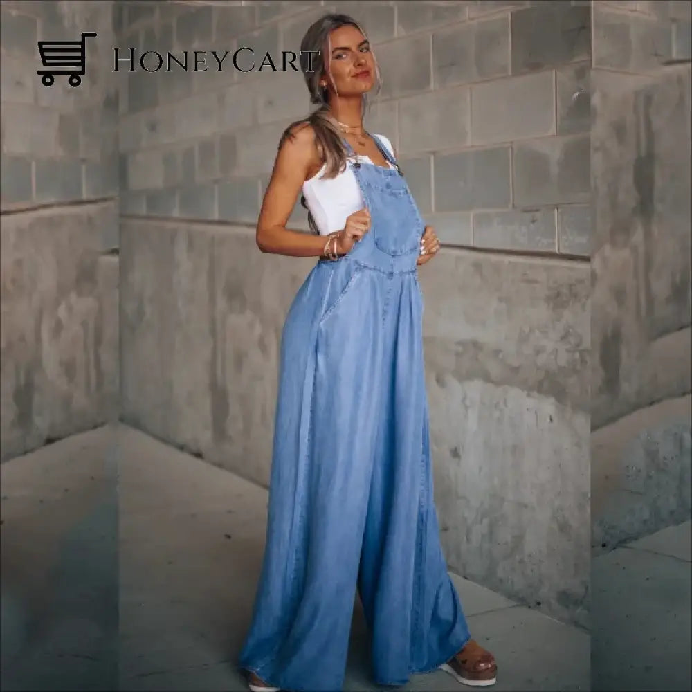 Womens Loose Adjustable Strap Wide Leg Denim Tool