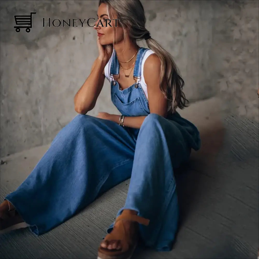 Womens Loose Adjustable Strap Wide Leg Denim Tool