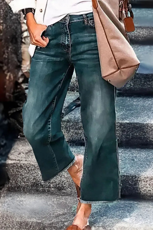 Washed Raw Hem Mid Waist Straight Leg Stretch Jeans