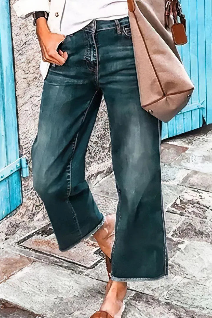 Washed Raw Hem Mid Waist Straight Leg Stretch Jeans