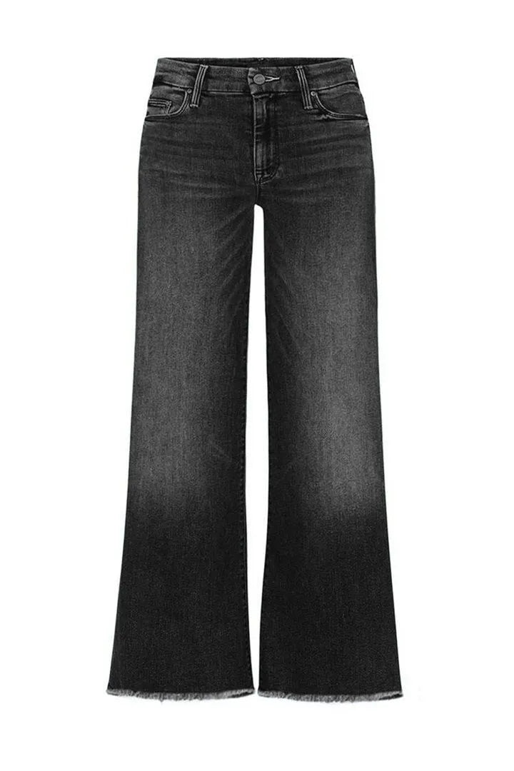 Washed Raw Hem Mid Waist Straight Leg Stretch Jeans