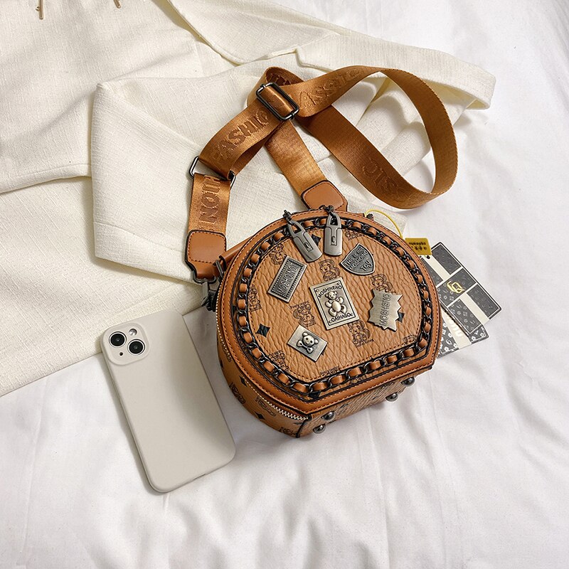 Bear Badge Print Real Leather Purse Handbags