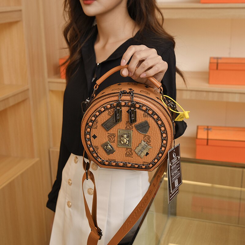 Bear Badge Print Real Leather Purse Handbags