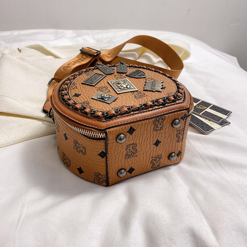 Bear Badge Print Real Leather Purse Handbags