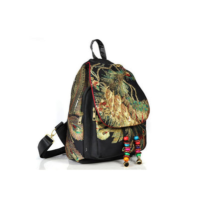 Peacock Embroidery Canvas Tassel Backpack