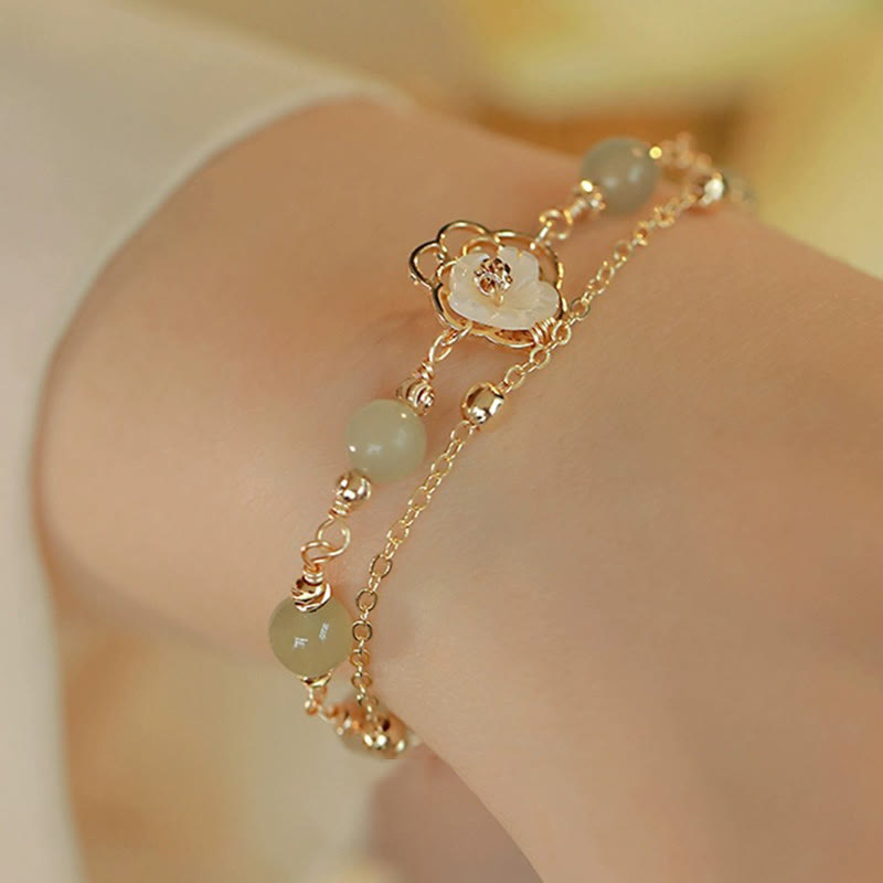 14K Gold Plated Jade Butterfly Tridacna Stone Flower Double Layer Luck Bracelet