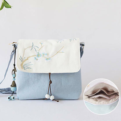 Handmade Embroidered Flowers Canvas Crossbody Bag