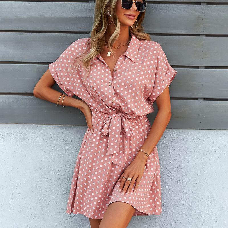 Polka Dots Knee Length Waist Belt Tie Dress