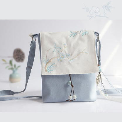 Handmade Embroidered Flowers Canvas Crossbody Bag