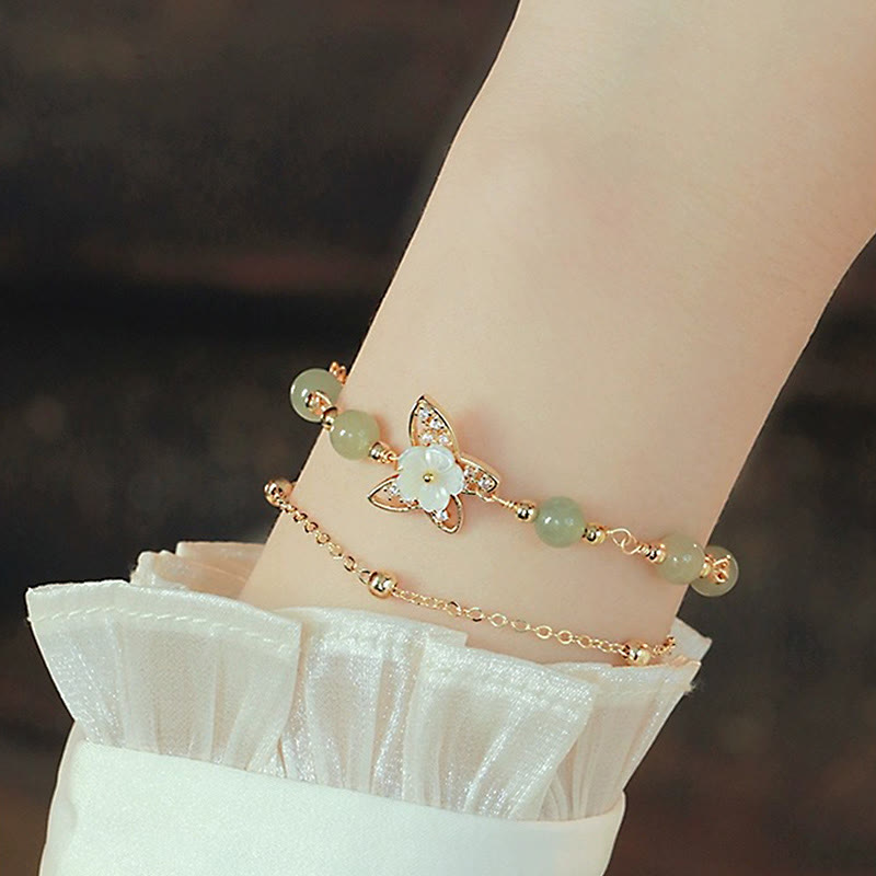 14K Gold Plated Jade Butterfly Tridacna Stone Flower Double Layer Luck Bracelet