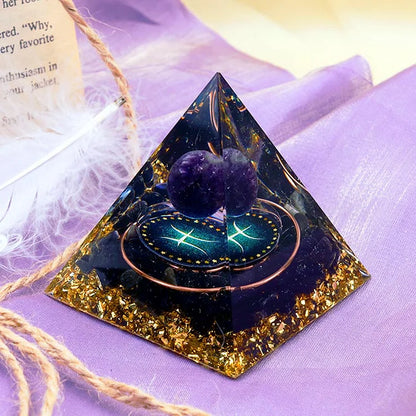 Pisces Amethyst Sphere With Obsidian Zodiac Orgone Pyramid