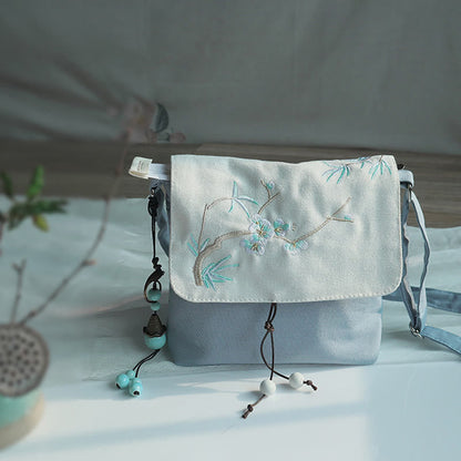 Handmade Embroidered Flowers Canvas Crossbody Bag