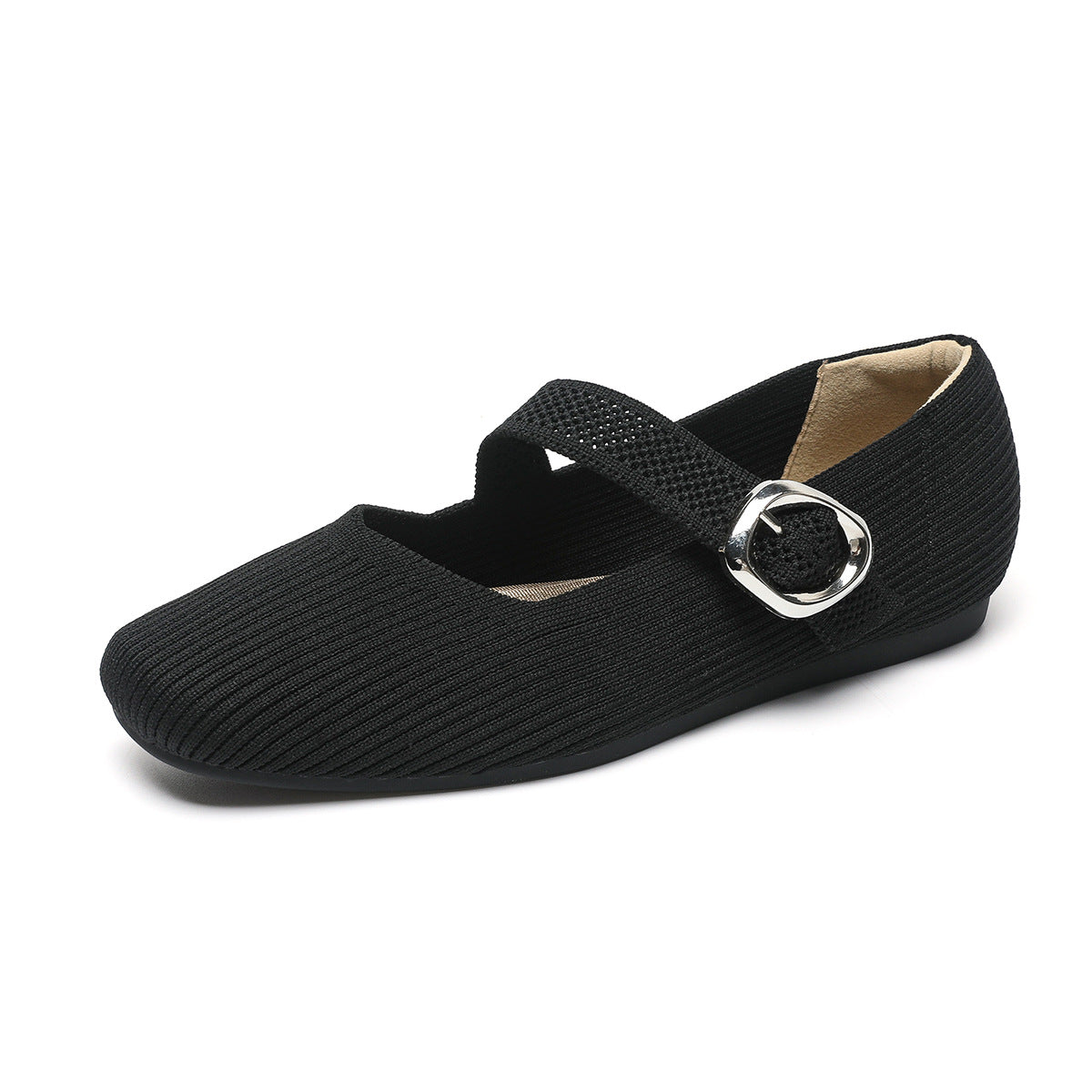 Breathable women's Mary Jane knit flats – square toe, buckle strap, lightweight everyday shoe