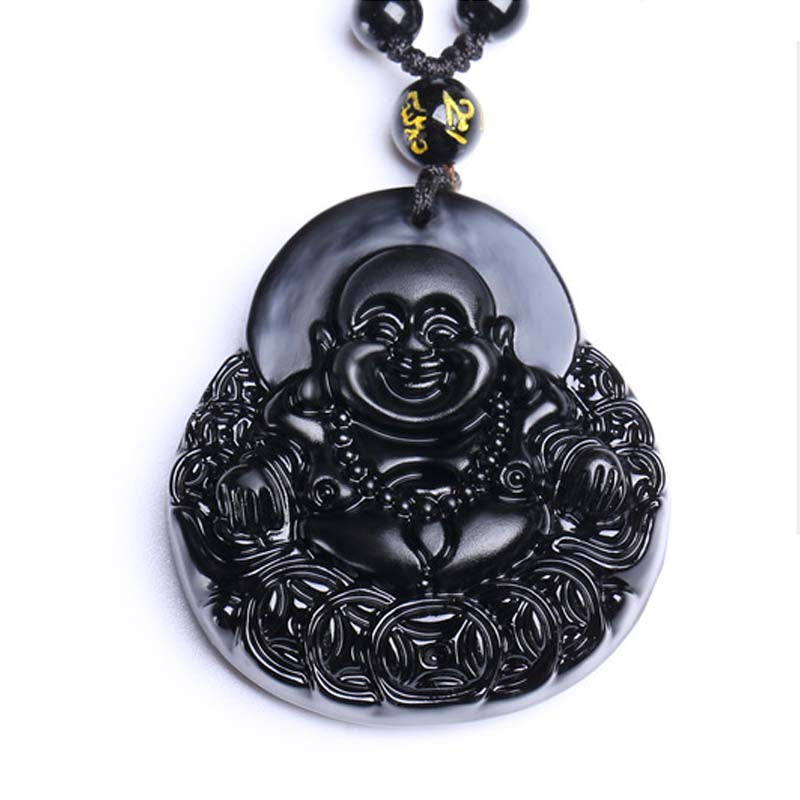 Laughing Buddha Black Obsidian Strength, Power & Protection Necklace