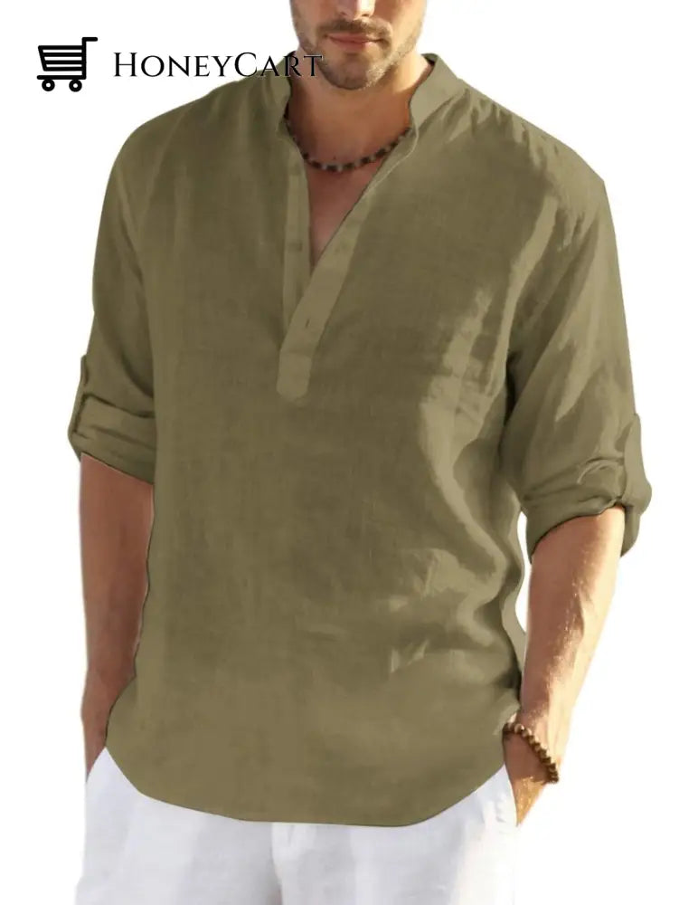2022 Mens Cotton Linen Henley Shirt Long Sleeve Hippie Casual Beach T Shirts Army Green / S