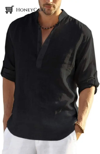 2022 Mens Cotton Linen Henley Shirt Long Sleeve Hippie Casual Beach T Shirts Black / S