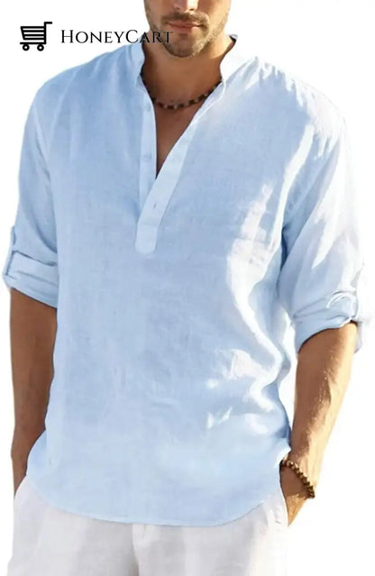 2022 Mens Cotton Linen Henley Shirt Long Sleeve Hippie Casual Beach T Shirts Blue / S