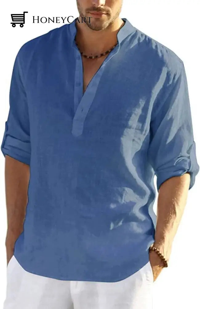 2022 Mens Cotton Linen Henley Shirt Long Sleeve Hippie Casual Beach T Shirts Denim Blue / S