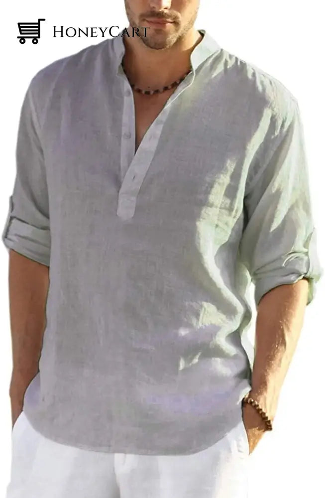 2022 Mens Cotton Linen Henley Shirt Long Sleeve Hippie Casual Beach T Shirts Gray / S