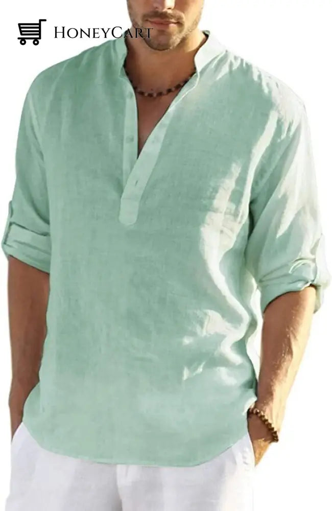 2022 Mens Cotton Linen Henley Shirt Long Sleeve Hippie Casual Beach T Shirts Green / S