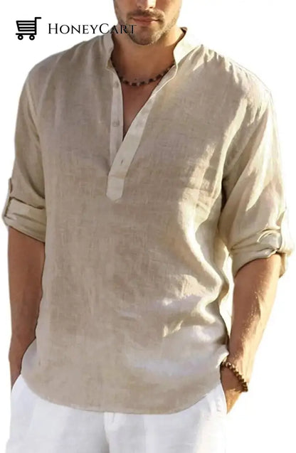 2022 Mens Cotton Linen Henley Shirt Long Sleeve Hippie Casual Beach T Shirts Khaki / S
