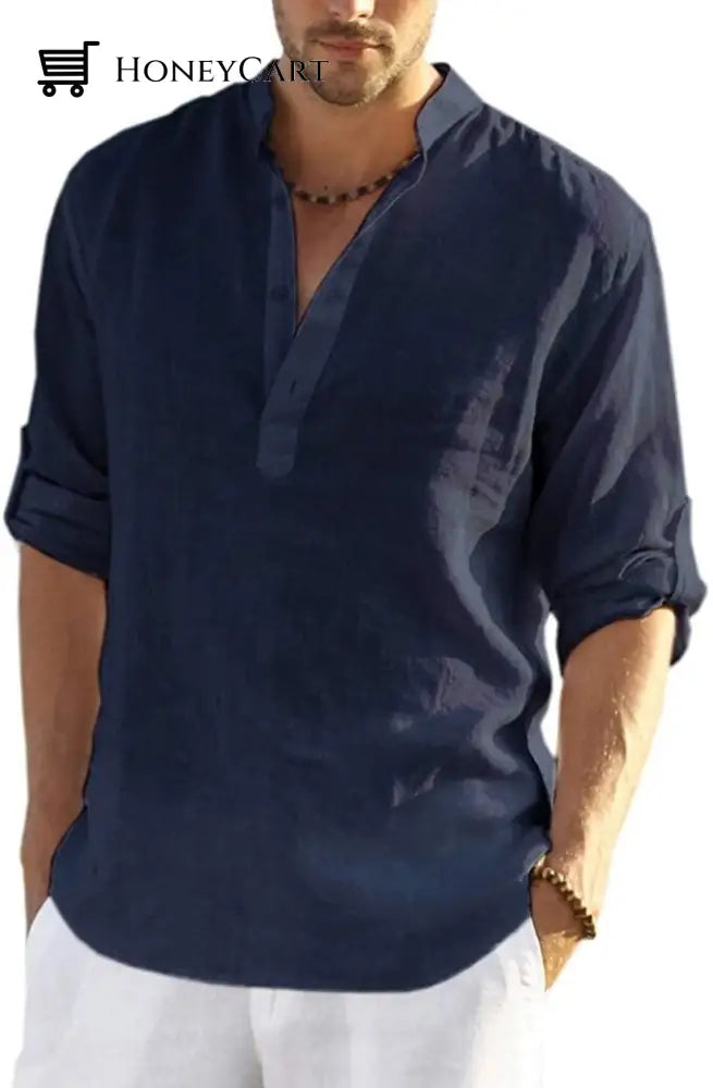 2022 Mens Cotton Linen Henley Shirt Long Sleeve Hippie Casual Beach T Shirts Navy Blue / S