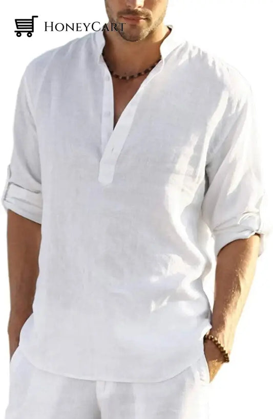 2022 Mens Cotton Linen Henley Shirt Long Sleeve Hippie Casual Beach T Shirts White / S