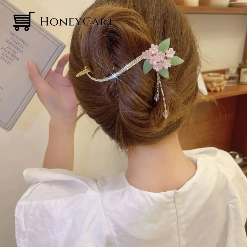 2022 New Arrival- Ins Style Elegant Hairpin (Buy 4 Get 10% Off) Pink Flower Green Leaf Tassel