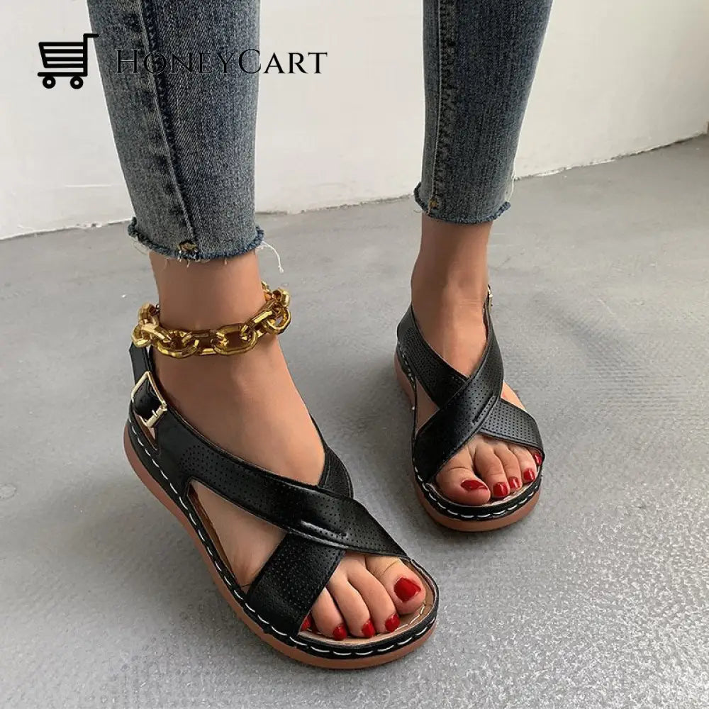 2022 New Leather Soft Footbed Arch-Support Backstrap Wedge Sandals Black / Us4.5