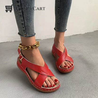 2022 New Leather Soft Footbed Arch-Support Backstrap Wedge Sandals Red / Us4.5