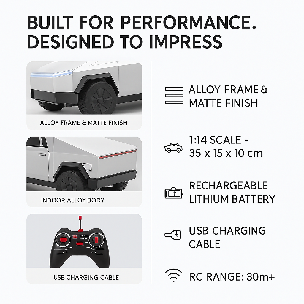 Tesla CyberTruck Remote Control Alloy Car Toy - 1:24 Scale Electric Vehicle Model for Kids & Adults, Perfect for Indoor & Outdoor Play