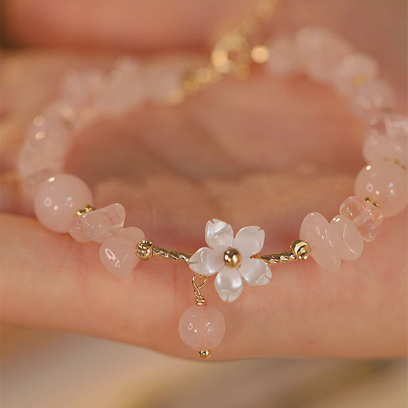 14k Gold Plated Natural Pink Crystal Flower Love Bracelet