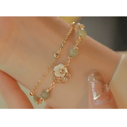 14K Gold Plated Jade Butterfly Tridacna Stone Flower Double Layer Luck Bracelet