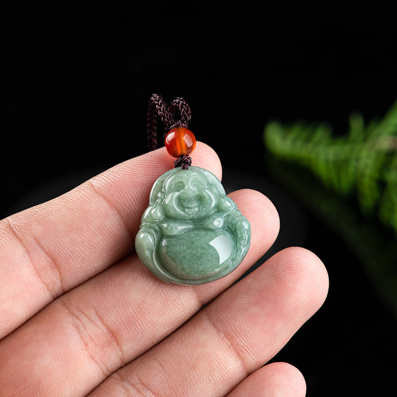 Laughing Buddha Cyan Jade Success Necklace String Pendant