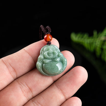 Laughing Buddha Cyan Jade Success Necklace String Pendant