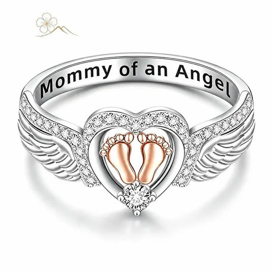 Platinum Plated Child Foot Angel Wing Ring  | Sparkling Heart Memorial Ring for Mothers