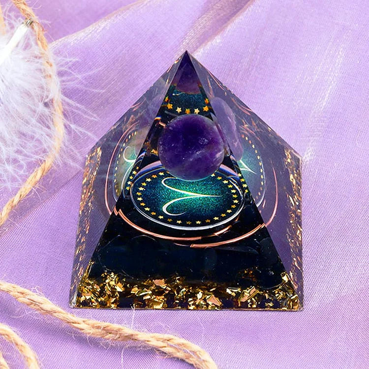 Aries Amethyst Sphere With Obsidian Zodiac Orgone Pyramid