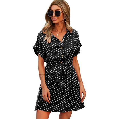 Polka Dots Knee Length Waist Belt Tie Dress